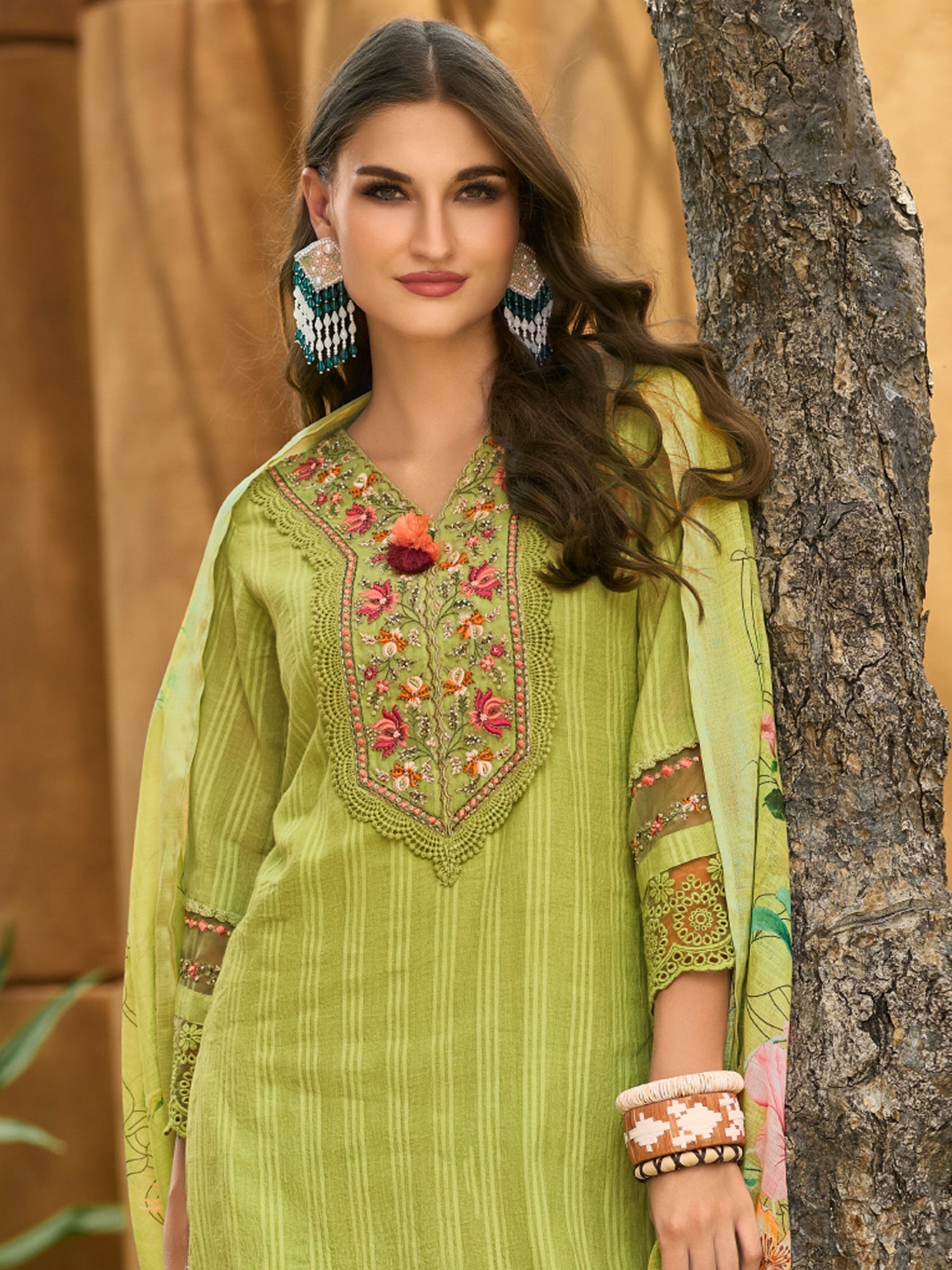 Green Embroidered Straight Kurta Trousers With Dupatta Set2