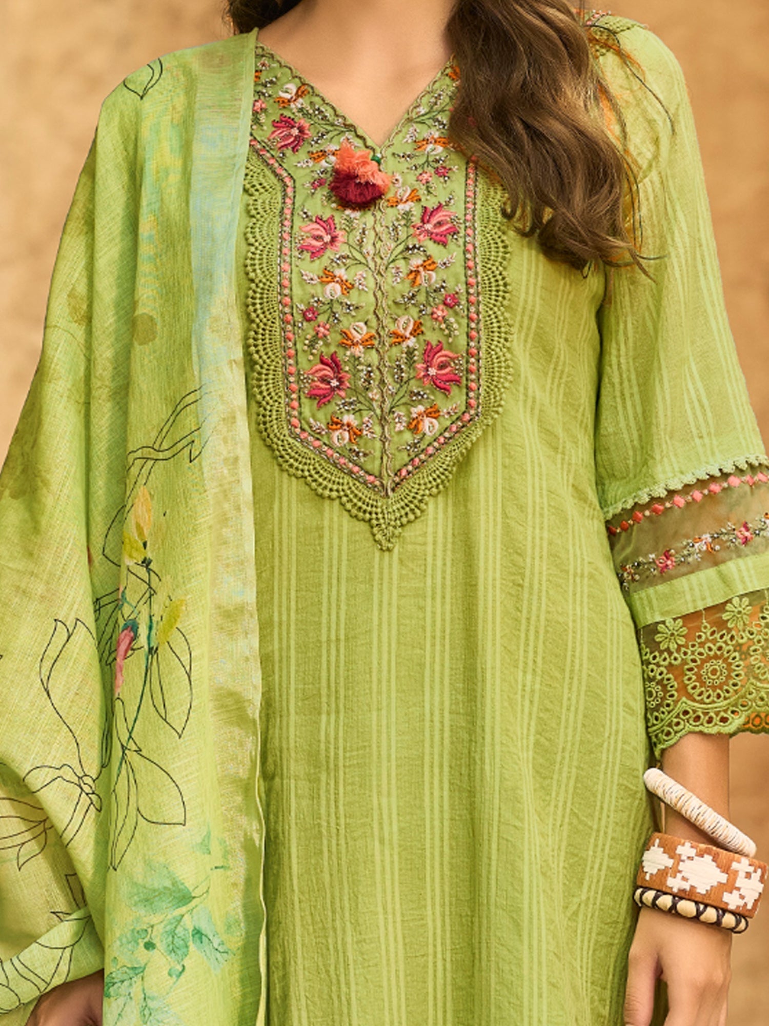 Green Embroidered Straight Kurta Trousers With Dupatta Set5