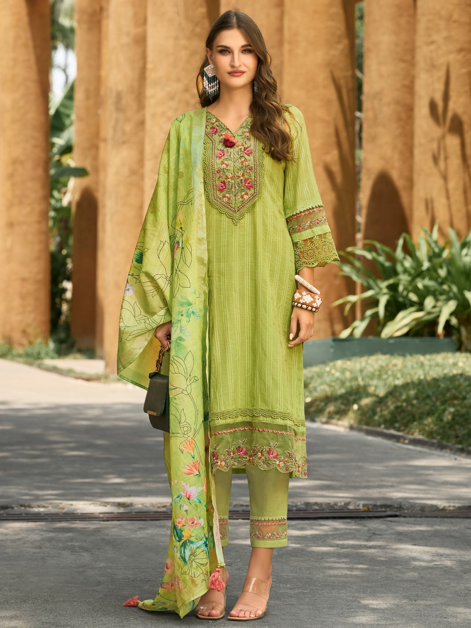 Green Embroidered Straight Kurta Trousers With Dupatta Set4