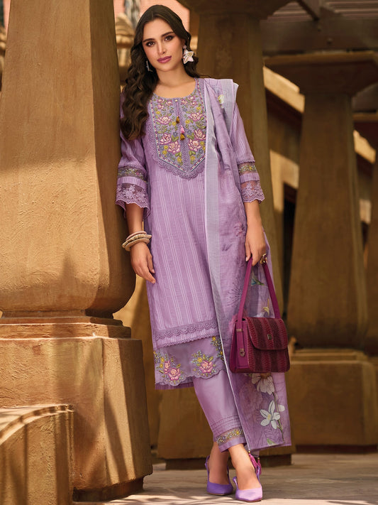 Purple Embroidered Straight Kurta Trousers With Dupatta Set1