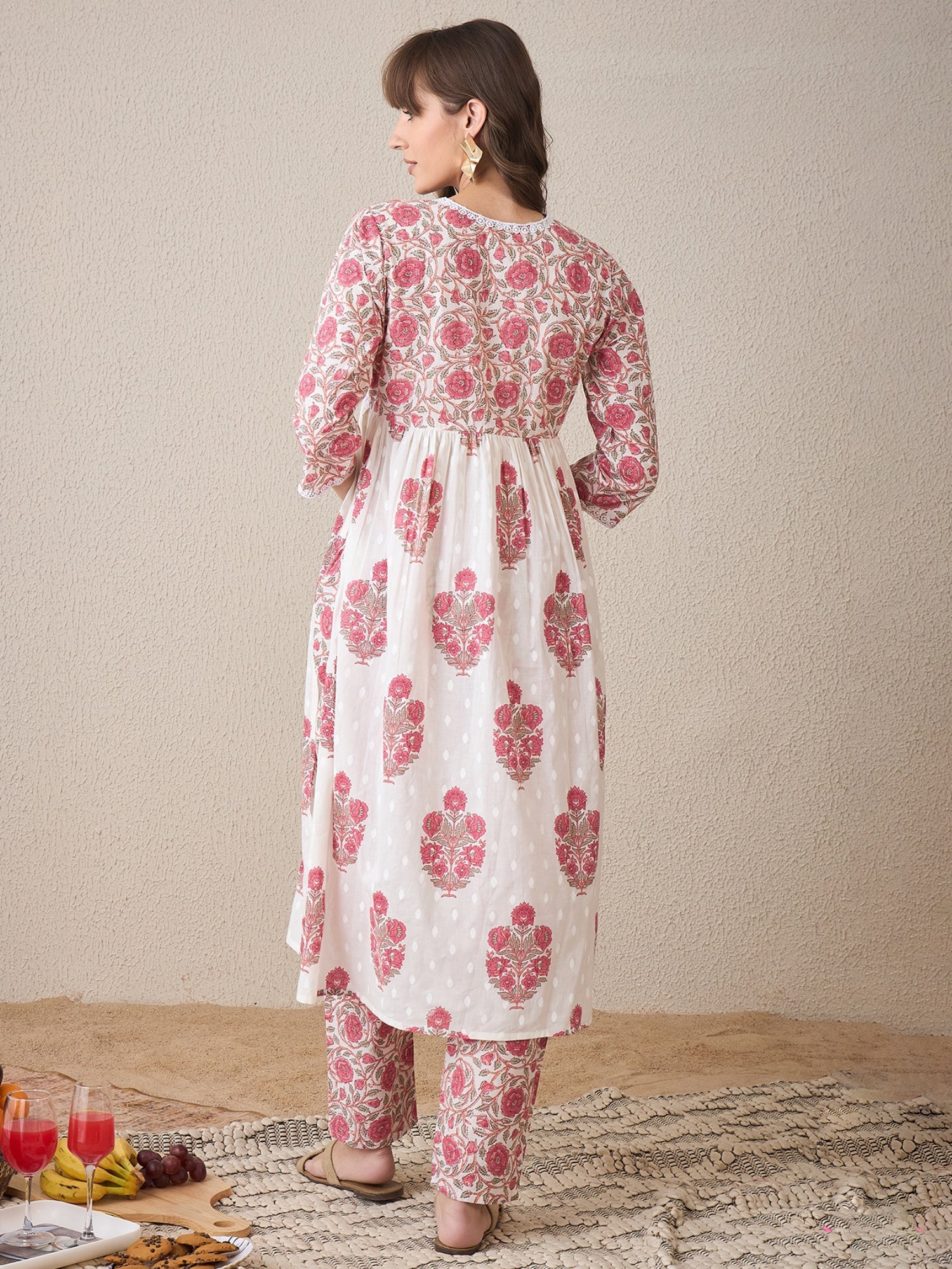 White Printed A-Line Kurta Trousers  Set6