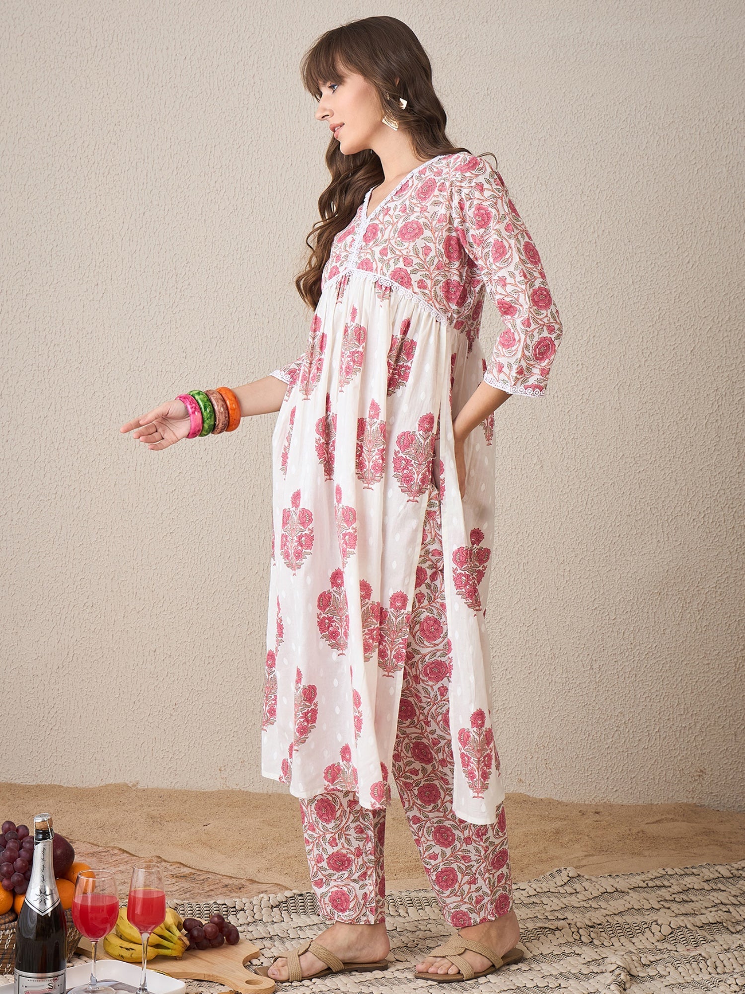 White Printed A-Line Kurta Trousers  Set4