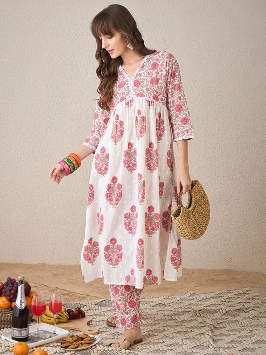 White Printed A-Line Kurta Trousers  Set1
