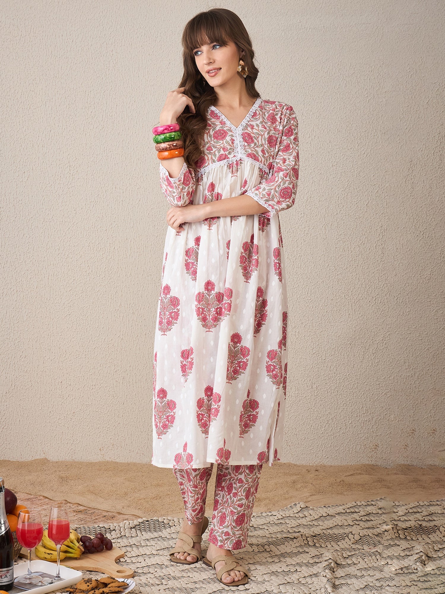 White Printed A-Line Kurta Trousers  Set5