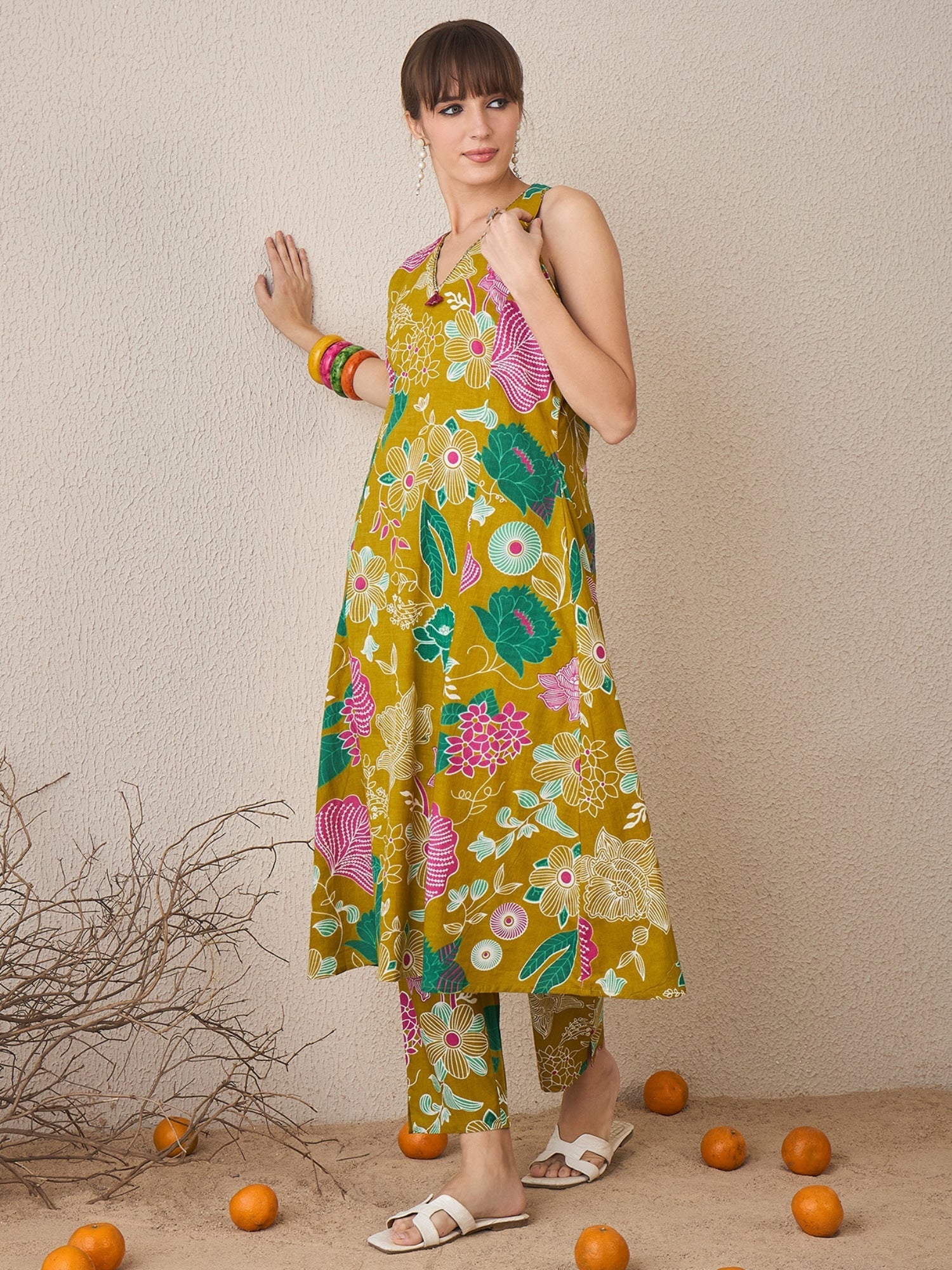 Yellow Printed A-Line Kurta Trousers Set4