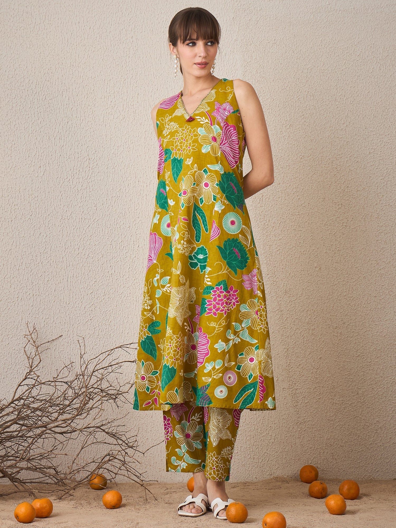 Yellow Printed A-Line Kurta Trousers Set5