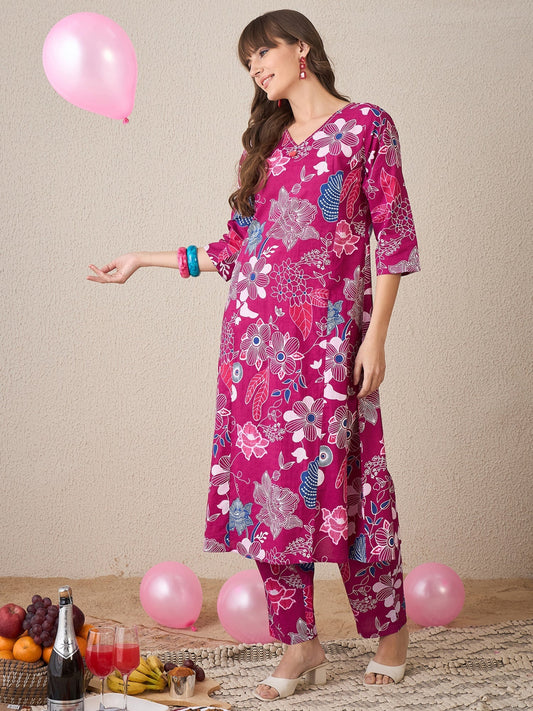 Pink Printed A-Line Kurta Trousers set1