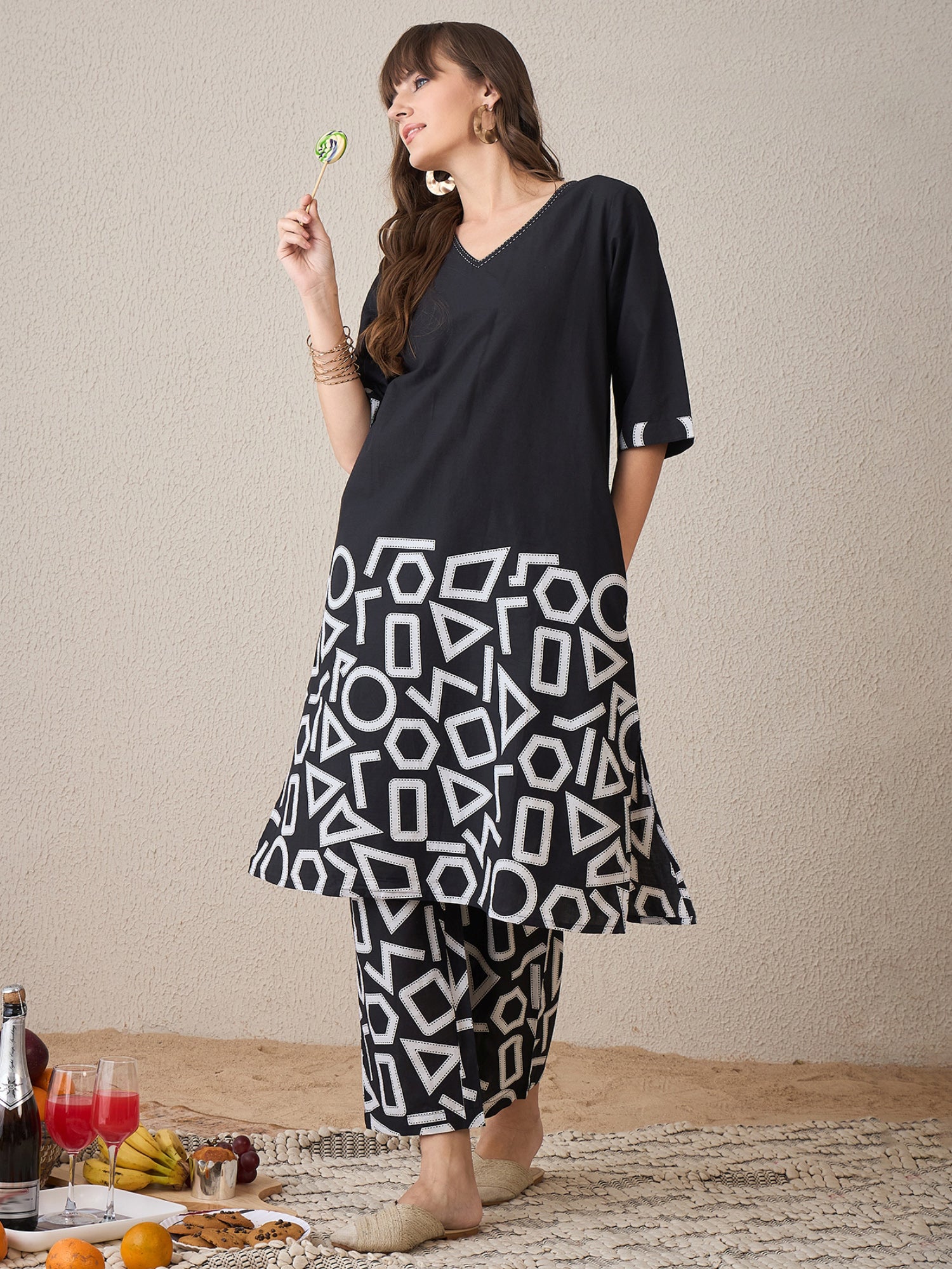 Black Printed A-Line Kurta Palazzos Set3
