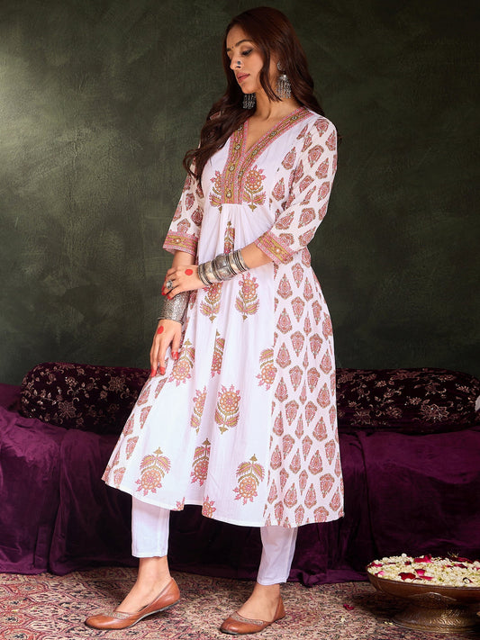 White Printed A-Line Kurta Set1