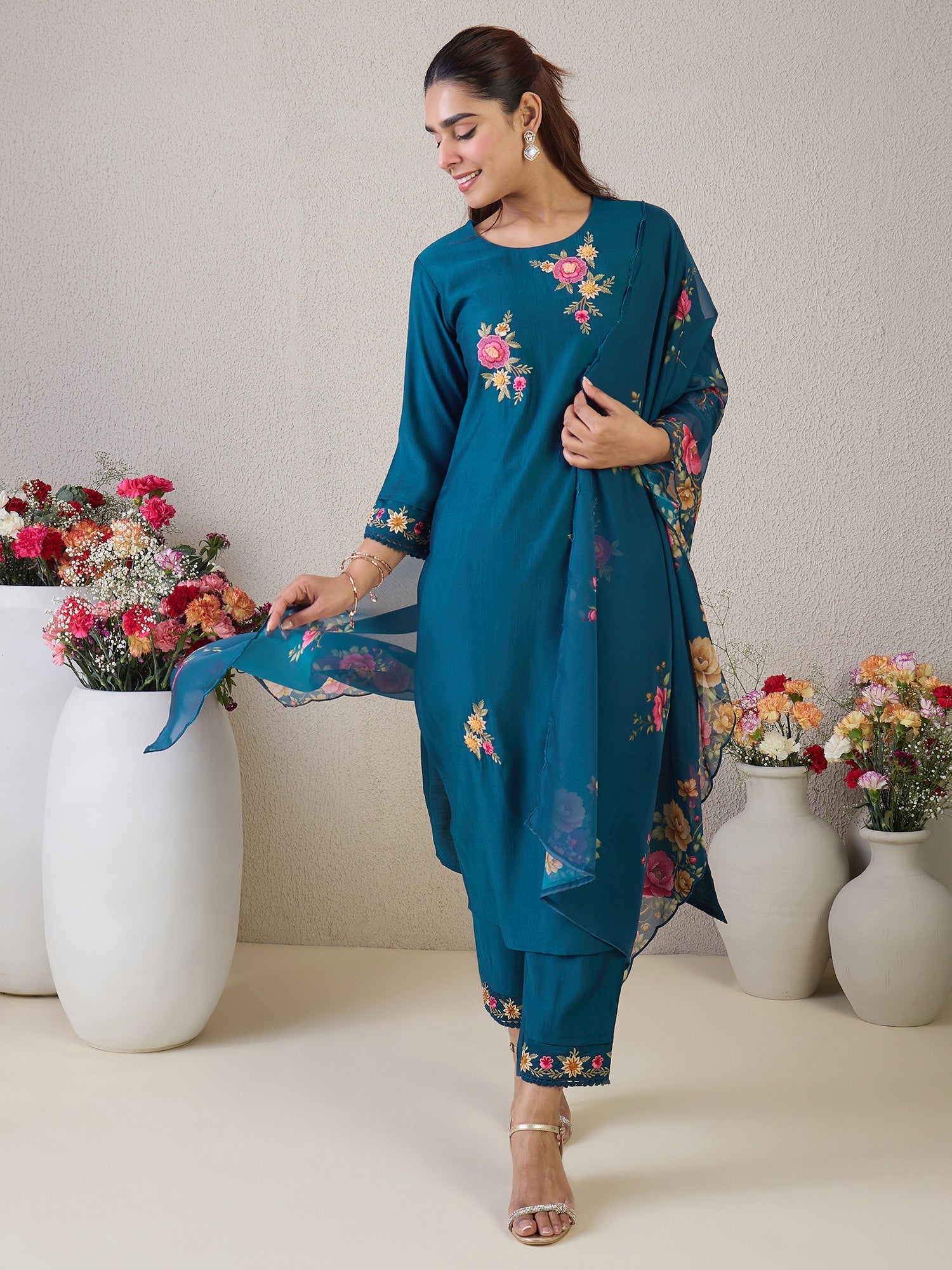 Teal Embroidered Straight Kurta Trousers With Dupatta Set2