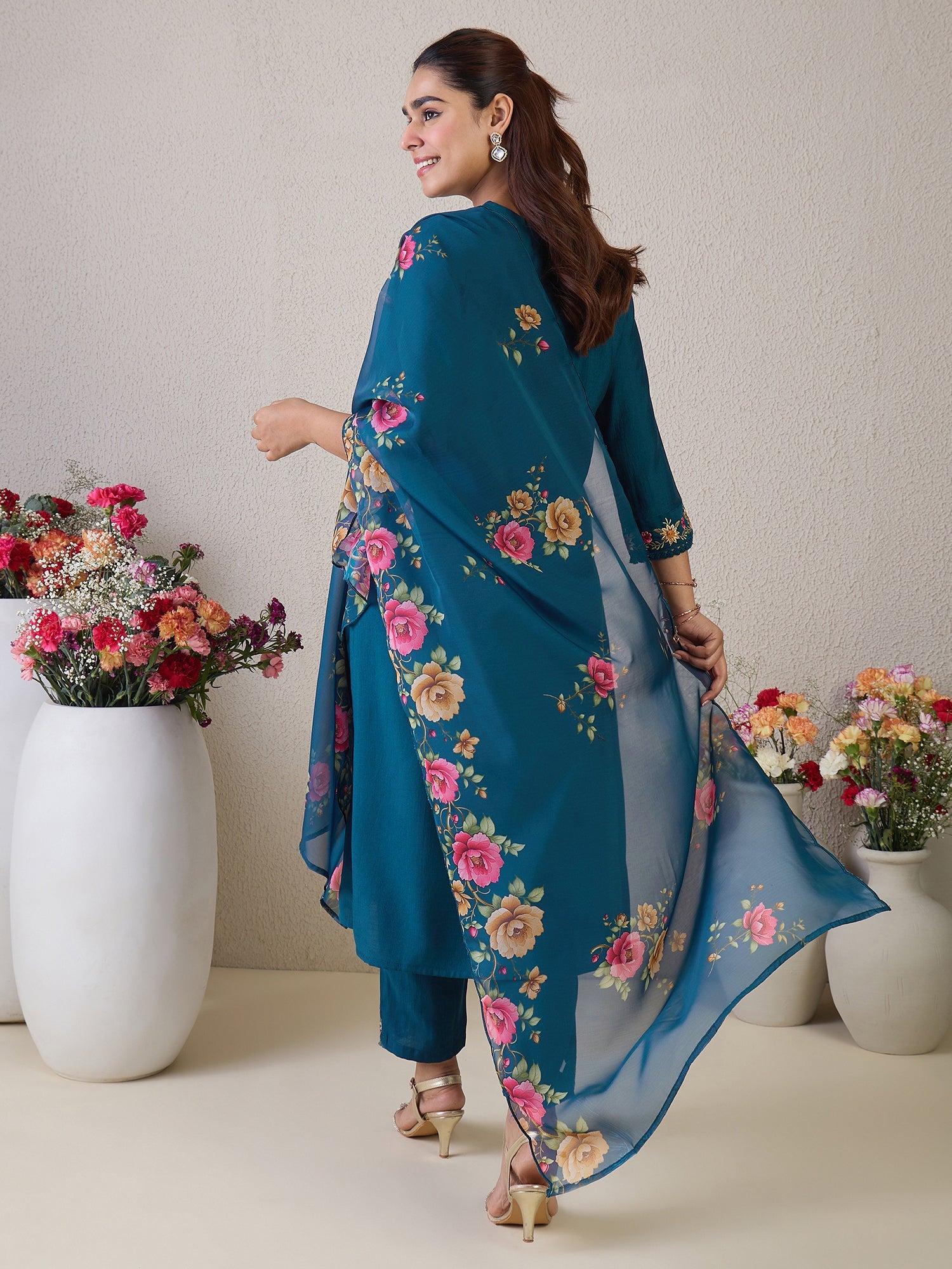 Teal Embroidered Straight Kurta Trousers With Dupatta Set6