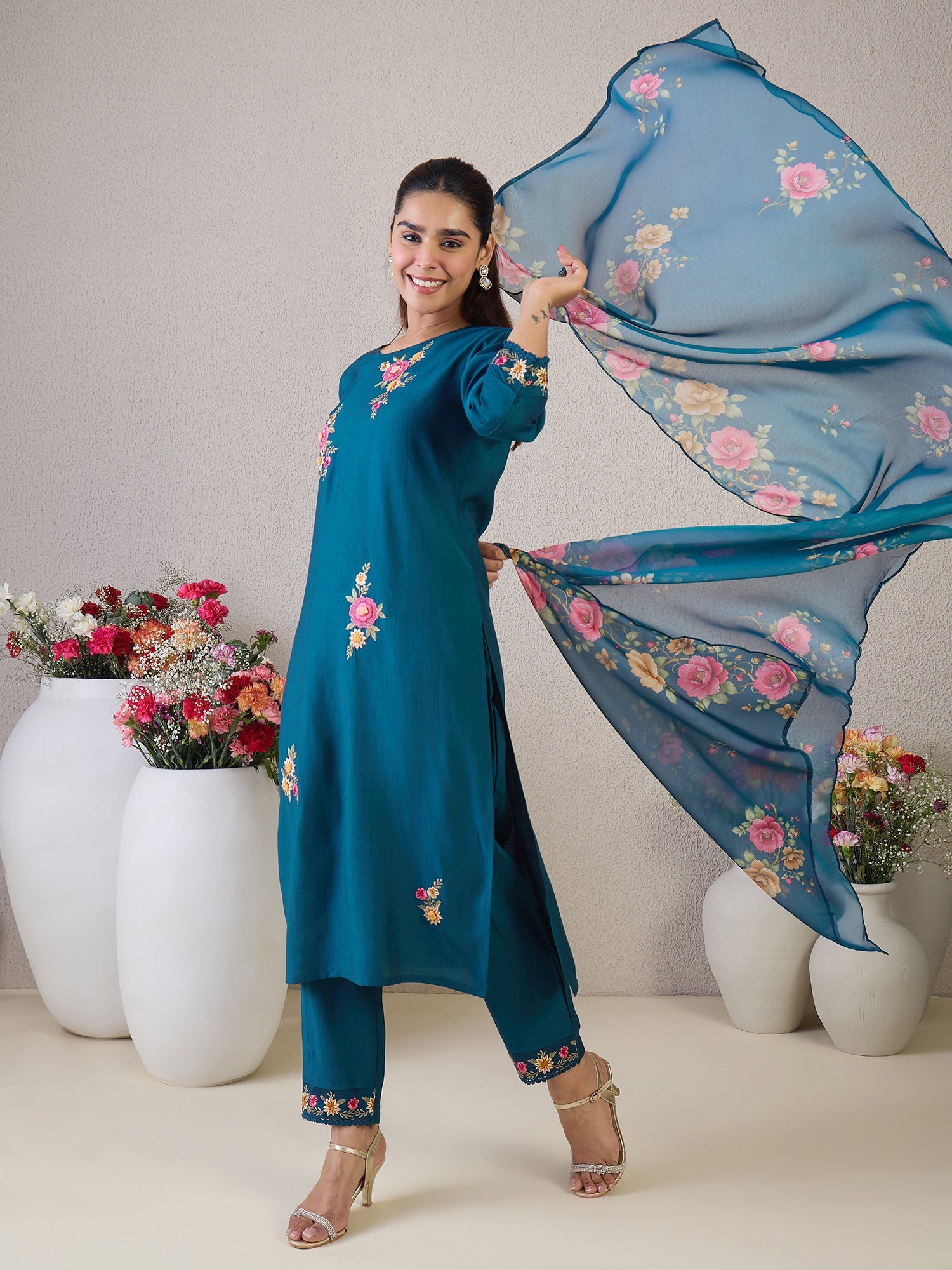 Teal Embroidered Straight Kurta Trousers With Dupatta Set5