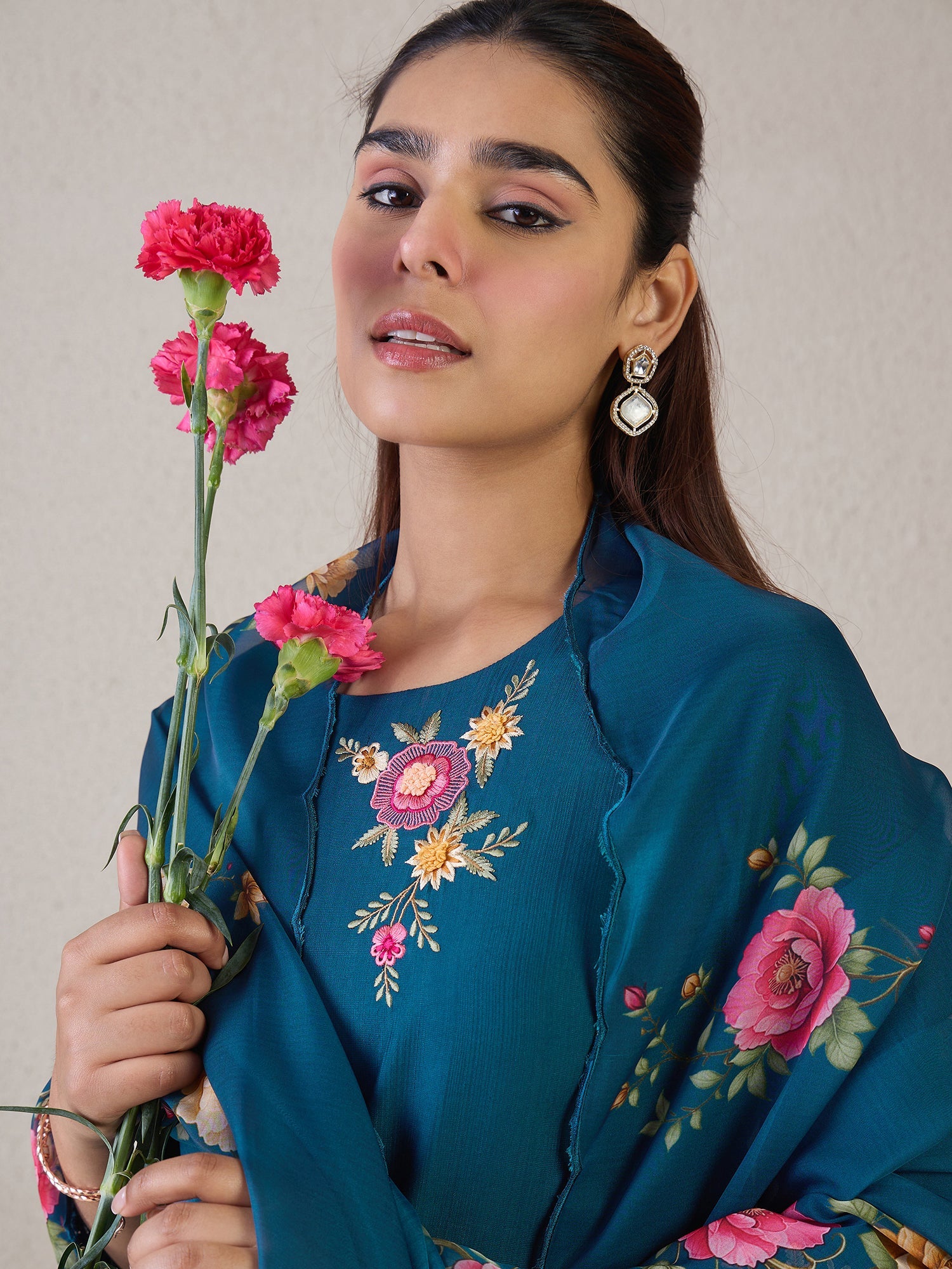 Teal Embroidered Straight Kurta Trousers With Dupatta Set3