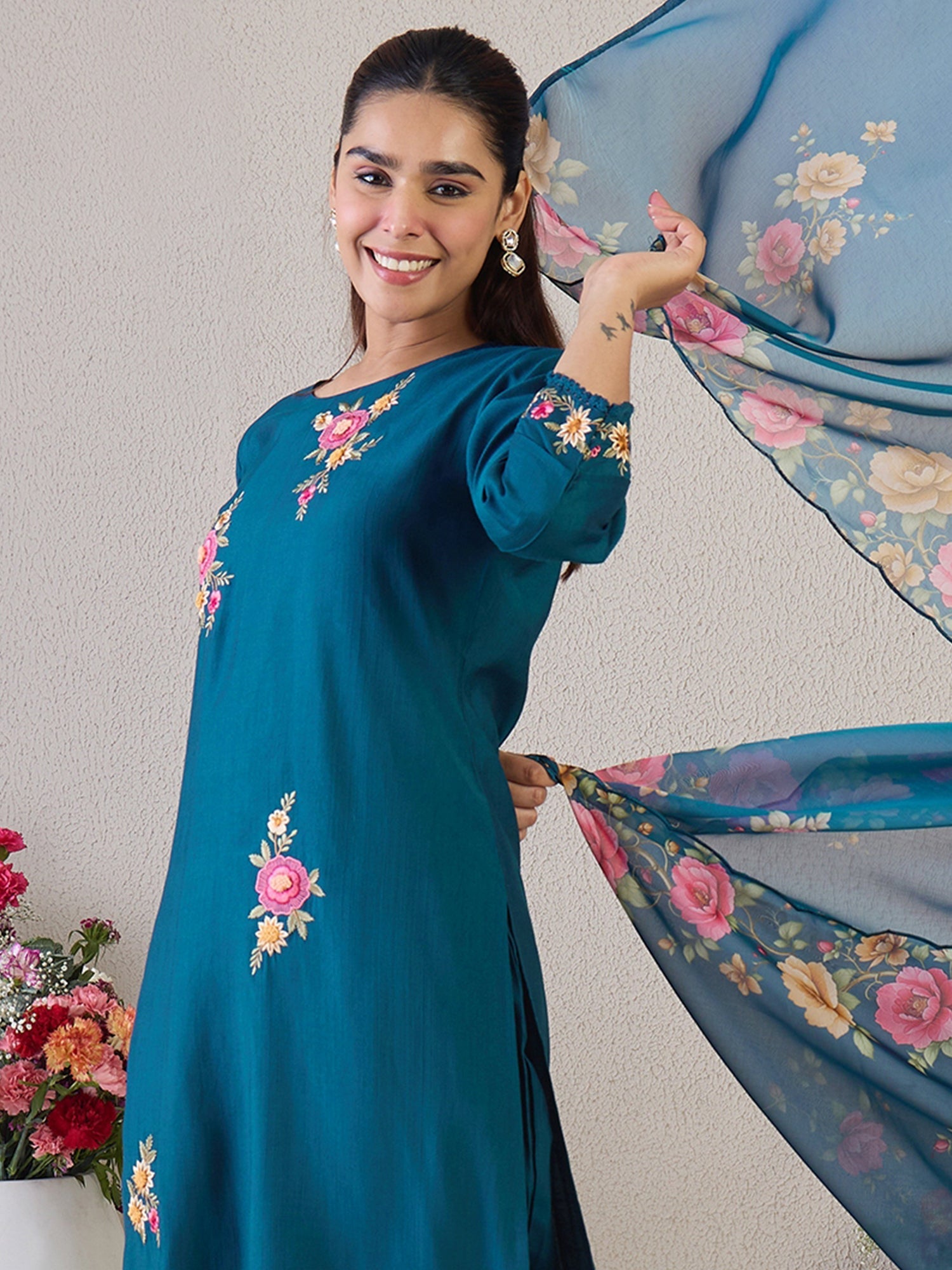 Teal Embroidered Straight Kurta Trousers With Dupatta Set4
