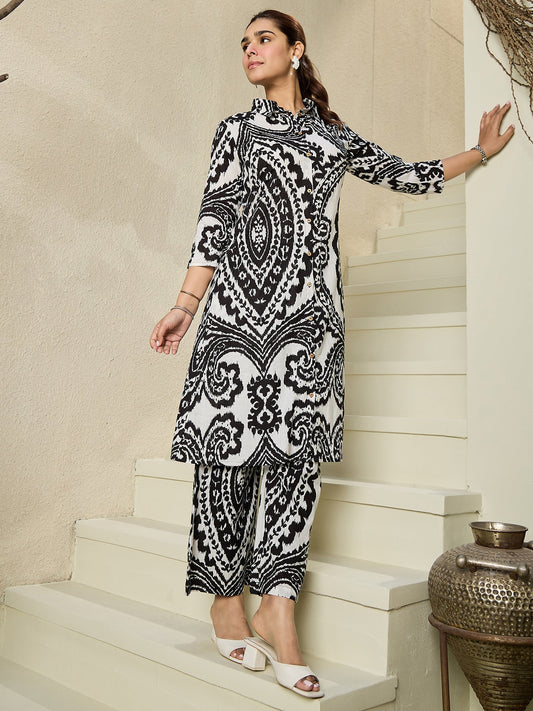 White Printed A-Line Kurta Palazzos set1