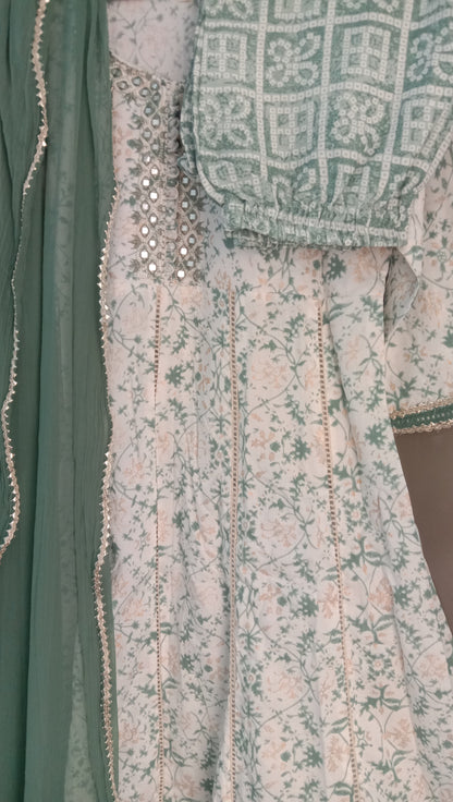 MyRor Brand - White and Green/Grey/Turquoise Naira cut Suit with pant and dupatta