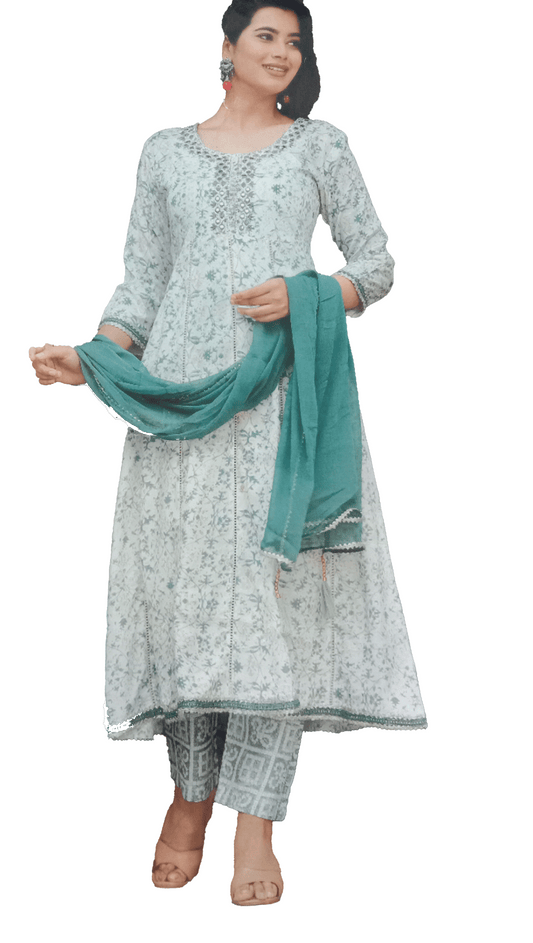 MyRor Brand - White and Green/Grey/Turquoise Naira cut Suit with pant and dupatta