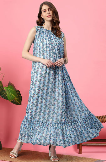 Blue Poly Georgette Floral Flared Western Dress