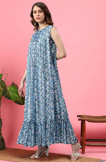 Blue Poly Georgette Floral Flared Western Dress