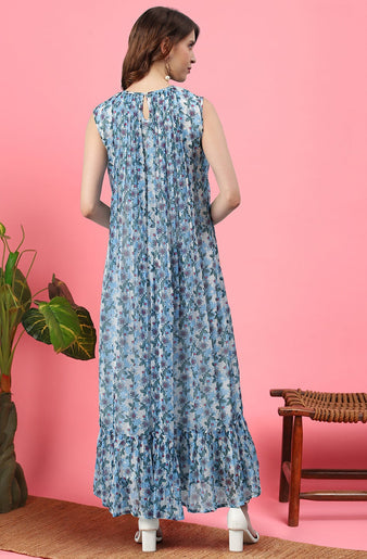 Blue Poly Georgette Floral Flared Western Dress