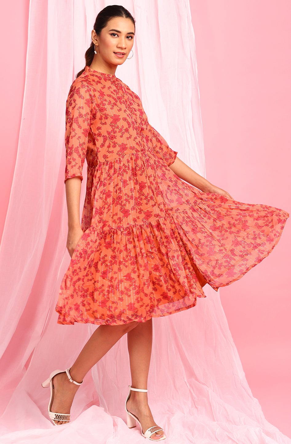 Orange Poly Georgette Floral Flared Western Dress