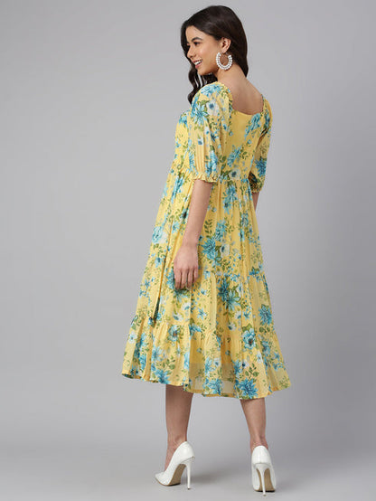 Myror Yellow Georgette Floral Print Flared Western Summer Dress