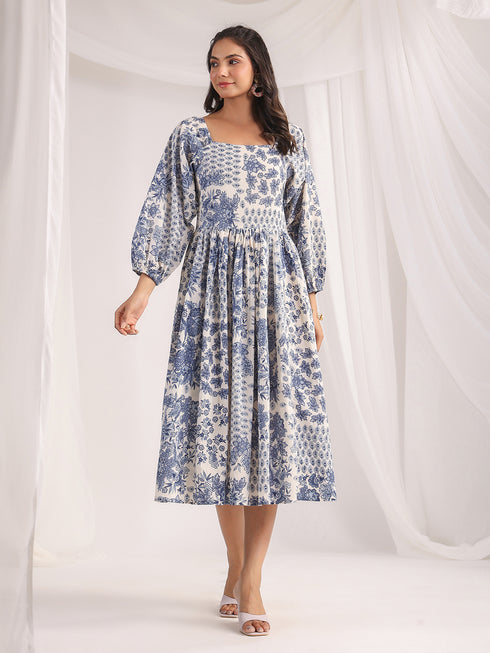 Off White and Blue Cotton Floral Gathered Dress