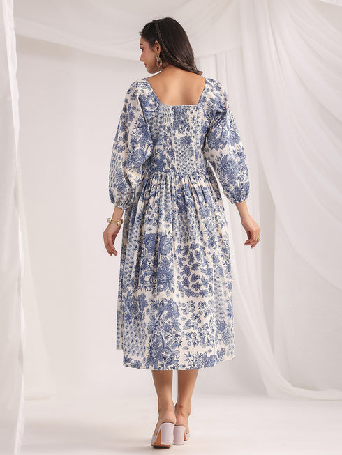 Off White and Blue Cotton Floral Gathered Dress