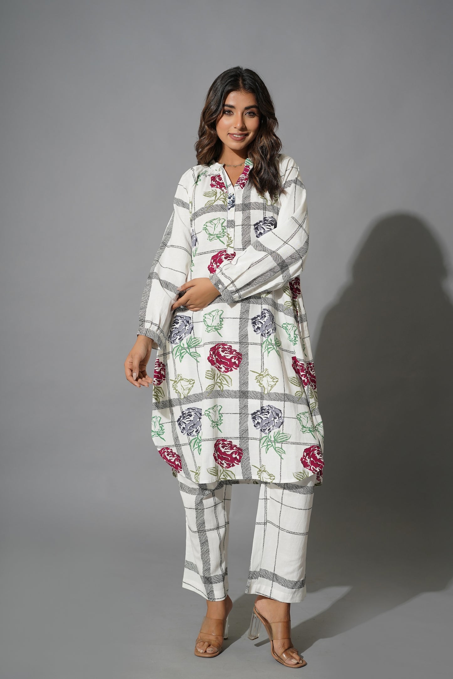 Myror White Cotton Printed Checks Coord set for office and casual wear