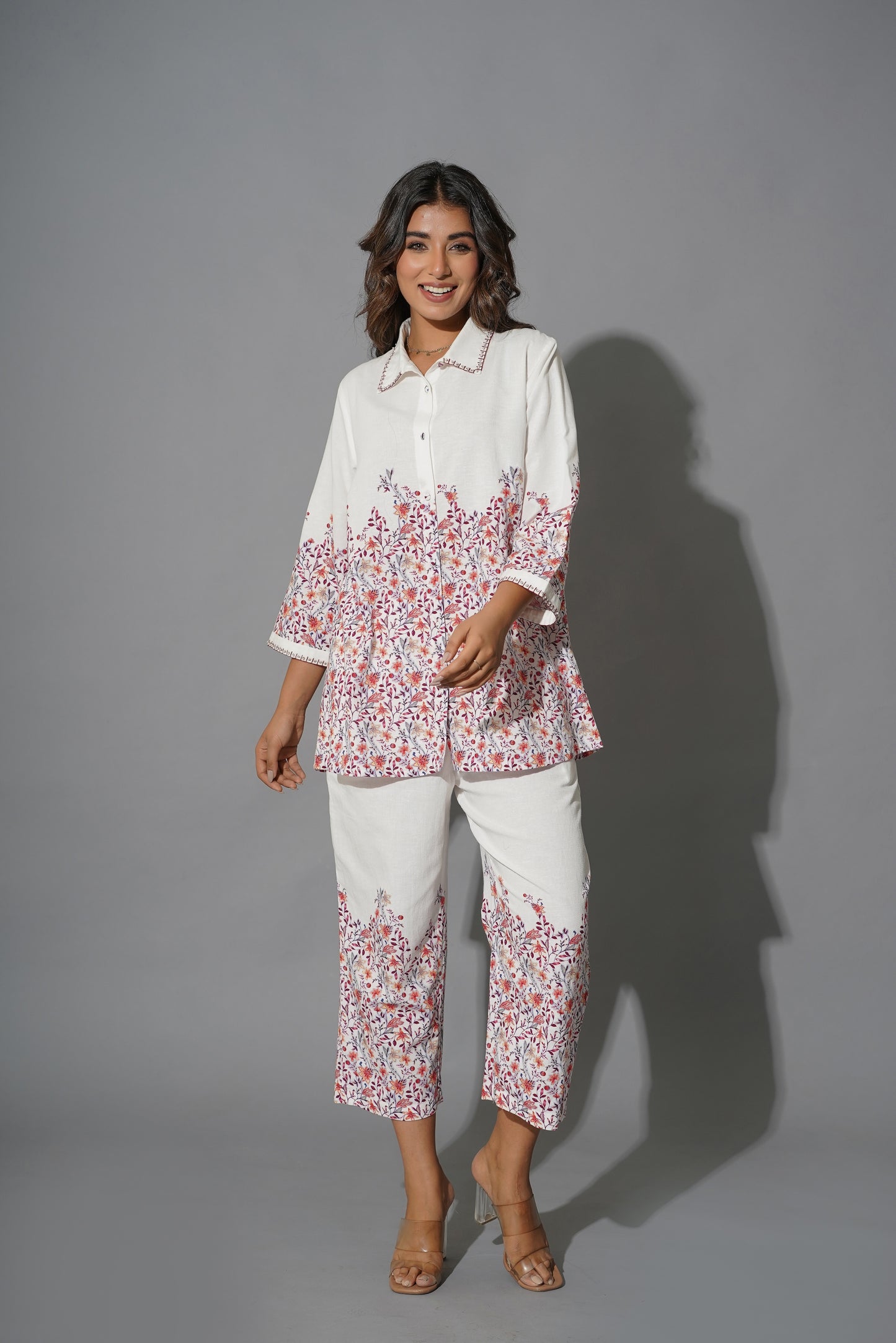 Myror White Cotton Embroidered Coord set for office and casual wear