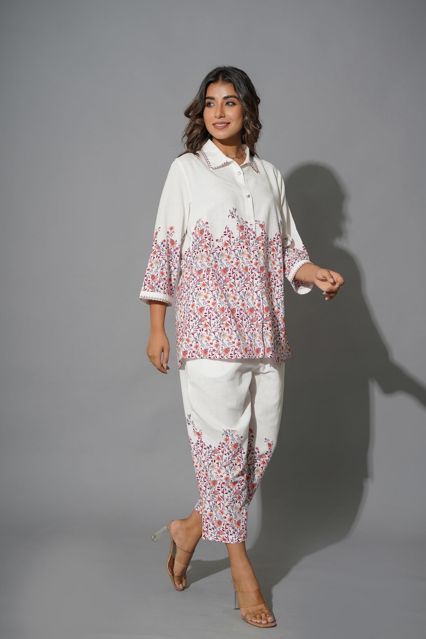 Myror White Cotton Embroidered Coord set for office and casual wear