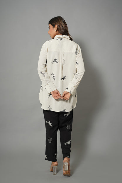 Myror White Cotton Shirt with black bird pattern