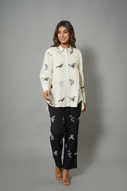 Myror White Cotton Shirt with black bird pattern