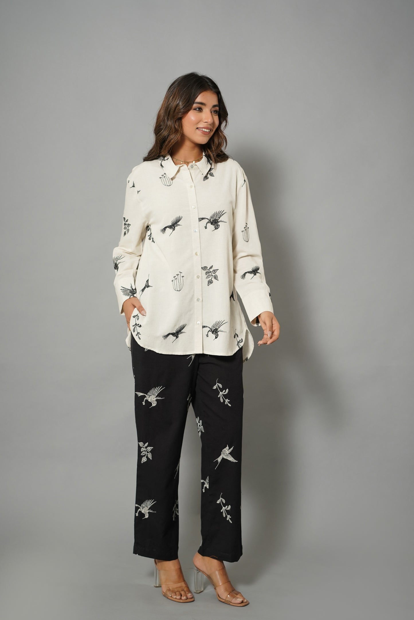 Myror White Cotton Shirt with black bird pattern