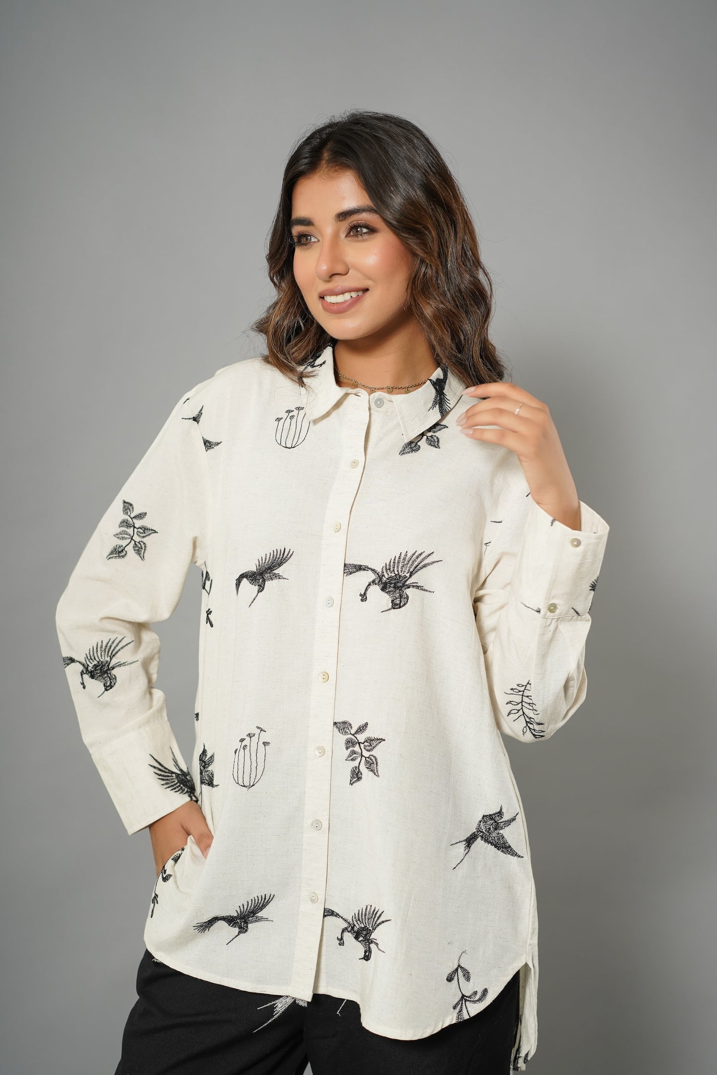 Myror White Cotton Shirt with black bird pattern