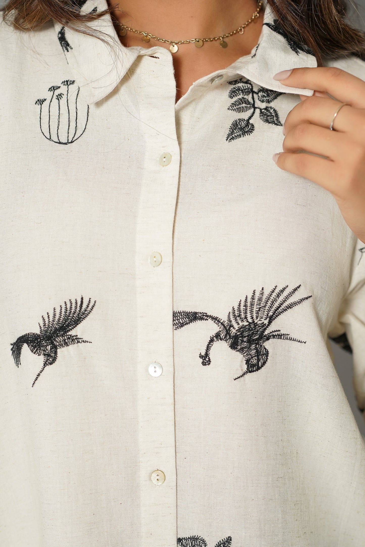 Myror White Cotton Shirt with black bird pattern