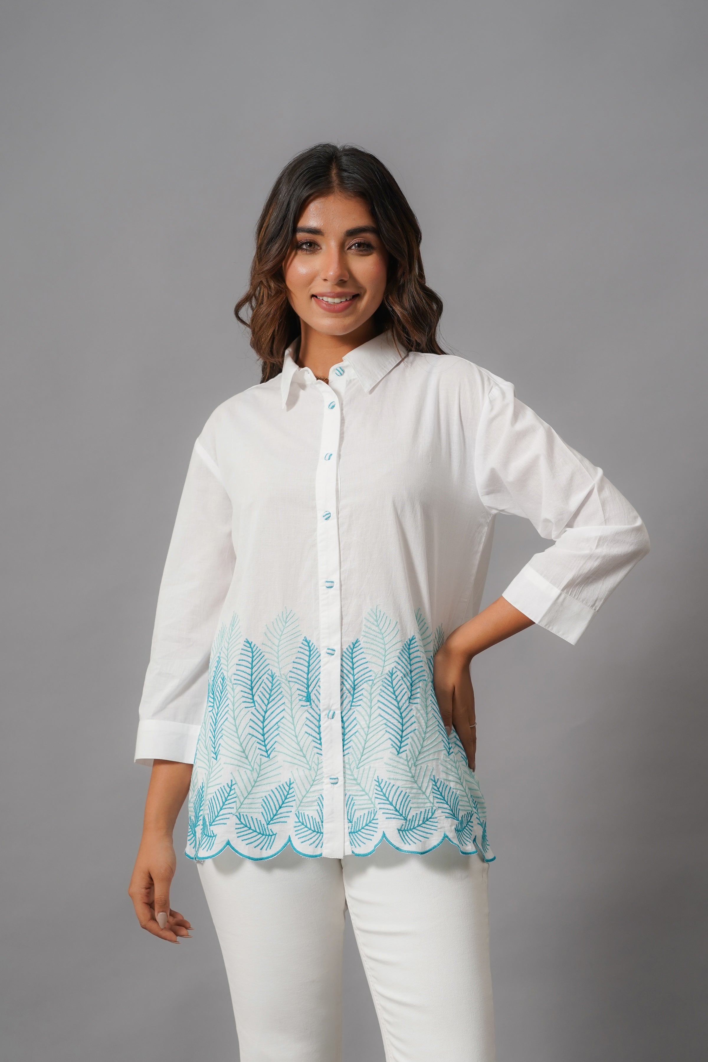 Myror Myror White Cotton Coord set with blue leaf pattern – MYROR