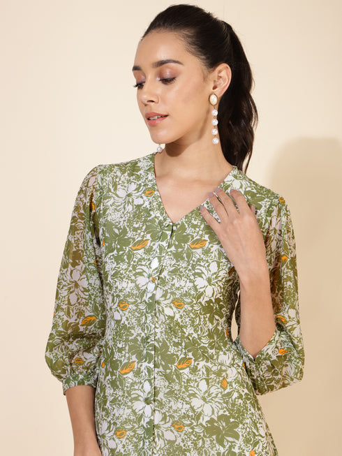 Myror Olive Georgette Floral Printed A-Line Dress