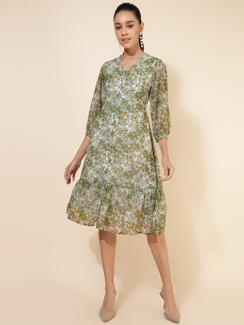 Myror Olive Georgette Floral Printed A-Line Dress