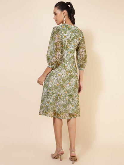 Myror Olive Georgette Floral Printed A-Line Dress