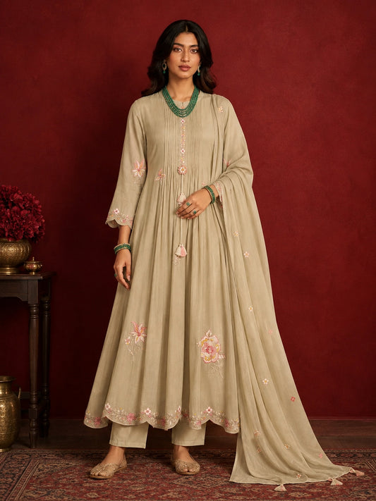 Myror Beige silk blend Embellished Kurta with Pant and Dupatta