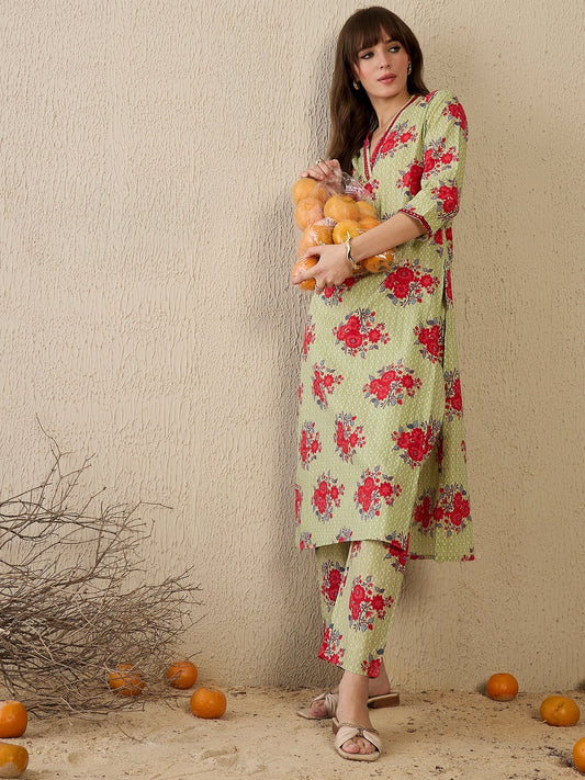 Green Printed Straight Kurta Trousers Set1