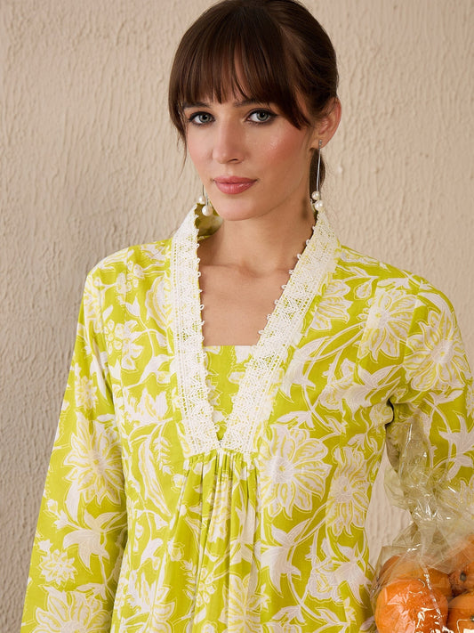 Green Printed A-Line Kurta Trousers Set1