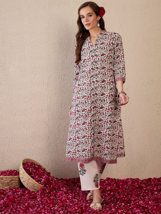 White Printed Straight Kurta Trousers Set1