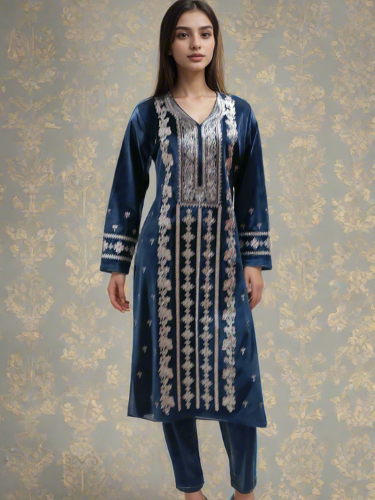 Myror blue velvet suit set wedding, winter wear suit set women, woolen suit women, amazon sale, myntra sale, ajio sale women wear, 