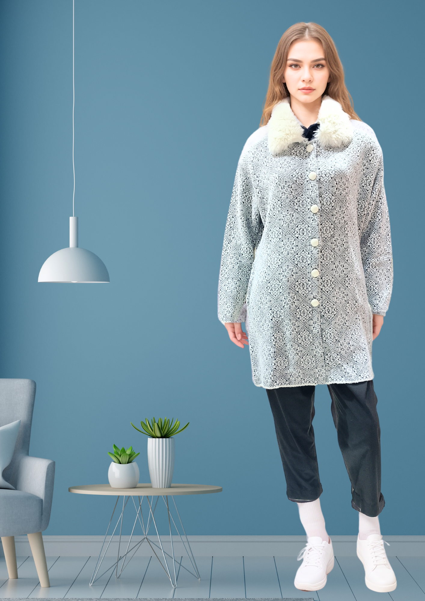 Myror women woolen fur long coat beige with pocket, woolen sweater with pockets, fur collar sweater