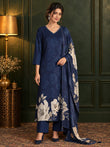 Myror Navy Blue Floral Printed Kurta Pant Set with Dupatta