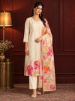 Myror Cream Floral Printed Kurta Pant Set with Dupatta