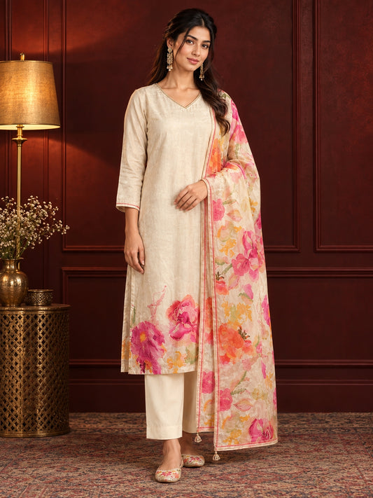 Myror Cream Floral Printed Kurta Pant Set with Dupatta