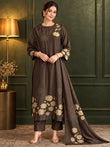Myror Dark Brown Silk Blend Embellished Kurta with Pant and Dupatta